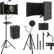 180cm Microphone Isolation Shield with Pop Filter & Adjustable Tripod Stand, Foldable 4-Panel Mic Sound Shield with High-Density Acoustic Foam for Studio Recording, Podcasts, Voice Overs, Singing