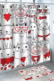 Crowded Red Black White Lovely Cats Drawings Shower Curtain