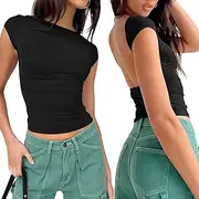 [GTETKDE] Women Sexy Backless Going Out Top Double Lined Y2K Open Back Crop Tops 2025 Backless Tee Shirts Summer Trendy