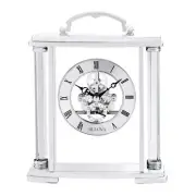 Bulova Table Clock 6" x 7.25" Floating Skeleton Analog Quartz Polished Silver
