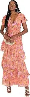 [Anaya with Love] Women's Maxi Ladies Flutter Sleeve Plunge V-Neck Ruffle Tiered Skirt Lace-up Strappy Back Tropical Floral Print Dress, Coral