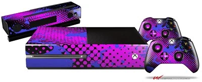 Halftone Splatter Blue Hot Pink Skin Set fits XBOX One Console Controllers