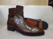 Men's Brown Alligator Texture Chelsea Trendy Handmade Smart Casual Boots