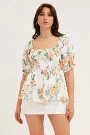Print Puff Sleeve Shirred Top - Size 14, Women's Top