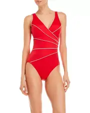 NEW MIRACLESUIT Size 14 44 Horizon Red White One PIECE SWIMSUIT $150 Retail