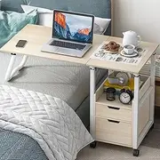 2 in 1 Foldable Overbed Table with Wheels, Bedside Table Adjustable Height, Mobile Computer Desk Laptop Table, Standing Over Bed Table for Hospital and Home Use,Maple b