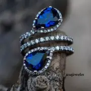 Bypass Two-Stone Jewelry Ring 3.24CT Pear Shape Real Sapphire 14K White Gold FN