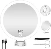 CLSSLVVBN 30X Magnifying Mirror with Light, LED Magnified Mirror with 3 Suction Cups and 360° Table Stand, 3 Colors Dimmable, Rechargeable, Makeup Shaving Mirror, White