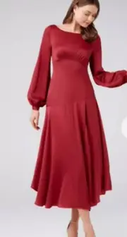 NWT ~ FOREVER NEW [sz 14] red satin midi long sleeve Occasion Dress rrp $190