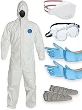 Full Coverage Personal Protection Kit - Tyvek Coverall with Hood, 3M N95 Respirator Mask, Protective Goggles, 2 Pair Nitrile Gloves, Dupont Tyvek Non-slip Shoe Covers