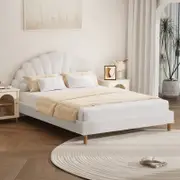 Oikiture Bed Frame Double Size Scallop-Shape Bedhead White Boucle