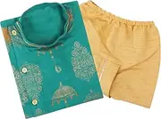 [superminis] Boy's Golden Foil Printed Side Open Cotton Kurta, Round Collar, Full Sleeves With Cream Color Dhoti Clothing Set