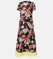 [La DoubleJ] La DoubleJ Swing feather-trimmed silk maxi dress UK 6 multicoloured