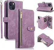 UEEBAI Wallet Case for iPhone 15 6.1 inch, 9 Card Slots Retro PU Leather Wallet Case Shockproof Flip Cover with Hand Strap Card Slots Zipper Pocket Kickstand Handbag Magnetic Closure - Retro Purple