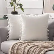 Pack of 2 Velvet Soft Solid Decorative Throw Pillows with Tassels Fringe Boho Accent Cushion for Couch Sofa Bed, Pure White