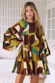 JAASE - Sander Mini Dress - Tiered Pull Over Dress with Tiered Bell Sleeves in Bardot Print