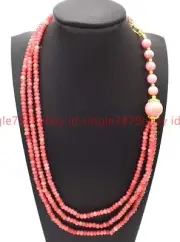 3 Row 2x4mm Faceted Pink Rhodochrosite Rondelle Gemstone Beaded Necklace 17-19in