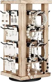 Beeveer Wood Rotating Jewelry Display Tower Rotating Earring Display Stands with 32 Pcs Removable Hooks Earring Holder Keychain Display Shelf for Vendors Selling Store Showcase Home Storage