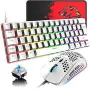 60% Wired Mechanical Gaming Keyboard and Mouse Combo, Ultra-Compact Mini 62 Keys Type C 20 Rainbow Backlit Effects,6400 DPI Lightweight Gaming Mouse with Honeycomb Shell for PC/Mac(White/Blue Switch)