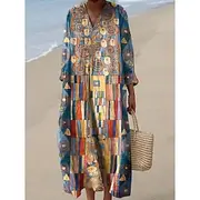 Women's Maxi Dress Sundress A Line Dress Vacation Casual Boho Going out Beach Graphic Geometric Abstract Long Sleeve V Neck Red Blue Green Summer Spring Fall