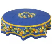 French Provencal 100% Cotton Tablecloth Lemons Blue Round 68" Made in France