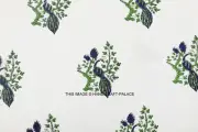 Peacock Indian Hand Block Print By Yard Blue Sewing Material Craft Fabric Cotton