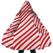 Personalized Hooded Cloak Coat, Red White Candy Cane Stripe Christmas Cloak Coat