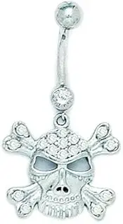 [Generic] 14ct White Gold CZ 14 Gauge Dangling Skull Religious Faith Crossbones Body Jewelry Belly Ring Measures 35x18mm Jewelry Gifts for Women