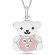 Sterling Silver Pink Enamel Crystal Set Teddy Bear Pendant 18" Chain kids Gift