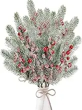 Christmas Snowy Pine Tree Picks, 12 Pieces Artificial Berry Stems with Cedar Pine Needles Branches for Holiday Decor, Wreath DIY, Garland, Red (with Snow)
