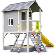Rovo Kids Wooden Tower Cubby House with Slide, Sandpit, Climbing Wall, Noughts & Crosses