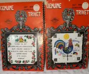 Vintage NIB Set TRIVETS Cast Iron Ceramic Tile ART MARK 1970'S
