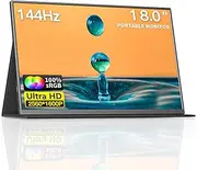Portable Monitor 18 Inch, 2.5K 2560x1600P 144Hz 16:10 Plug&Play Travel Laptop Monitor with 75mm VESA Holes, Game External Second Screen for Laptops, PC, Game Console