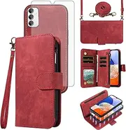 [Asuwish] Phone Case for Samsung Galaxy A14/M14 5G Zipper Wallet Detachable Magnetic Cover with Tempered Glass Screen Protector Crossbody Lanyard Strap Flip Card Holder Slot A 14 4G 14A 14M G5 Women Red