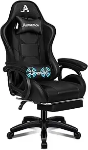 ALFORDSON Black Office Chair, Computer Gaming Chair with Armrest Headrest, Ergonomic Swivel Recliner with Massage Lumbar Cushion and Footrest, Leather Home Desk Chair