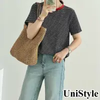 在飛比找momo購物網優惠-【UniStyle】條紋短袖T恤 韓版撞色圓領復古上衣 女 