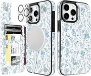 uCOLOR for iPhone 14 Pro Max 6.7" Wallet Case Magsafe with Card Holder Slot【Compatible with MagSafe】 Folio Flip PU Leather Double Magnetic RFID Design with Camera Lens Protector (Blue Toile Flowers)