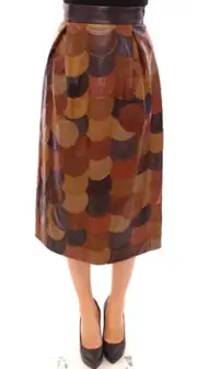 Dolce&Gabbana Women Brown Straight Skirt 100% Leather Patchwork Midi Bodycon