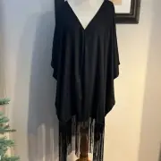 BCBG Max Azria FRINGE Black Poncho TOP Bohemian Size M/L