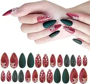 Outyua Red Christmas Fake Nails Long Stiletto Christmas tree Snowflake Elk Press on Nails False Nails Full Acrylic Artificial Desiged Nails Tips (Snowflake & Tree)