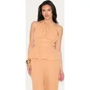 Apricot Cheesecloth Halterneck Sleeveless Backless Top, Apricot