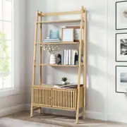 Furb Bookshelf 3 Tier Bookcase Storage Rack with Slatted Cabinet Wooden Living Room Bedroom Shelf
