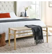 Ottomans, Bedroom Stool, Woven Bed Stool with Cross Wooden Leg, Bench (Beige)