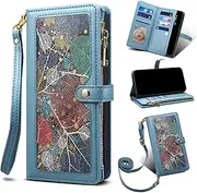 [Nexue] Wallet Case Compatible with Google Pixel 6A,Zipper Flip Folio Wallet RFID Blocking Case with Wrist Strap Shoulder Lanyard Magnetic Closure Built-in Kickstand,Blue