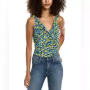 Diane Von Furstenberg Blue Yellow Print Twist Front Bloomington Bodysuit NWT