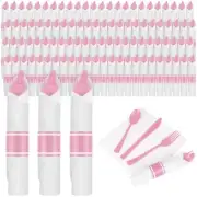 100Pack Pink Pre Rolled Plastic Silverware - Wrapped Pink Plastic Cutlery Set...
