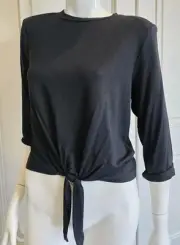 Express Black Padded Shoulders 3/4 Sleeve Tie Front Cropped Black Jersey Top...