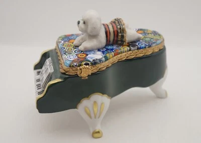 New French Limoges Box Bichon Frise Dog Grand Piano Murano Millefiori Glass Top