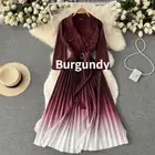 Office Lady Midi Dress Pleated Lapel V-neck Gradient Color Swing Belted Dress