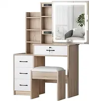 ALFORDSON Dressing Table Vanity Stool Set with Sliding LED Mirror, Chair, Mutiple Shelves and Storage Cabinet, Makeup Desk Dresser Organiser for Women Bedroom Dressing Room, Wood White